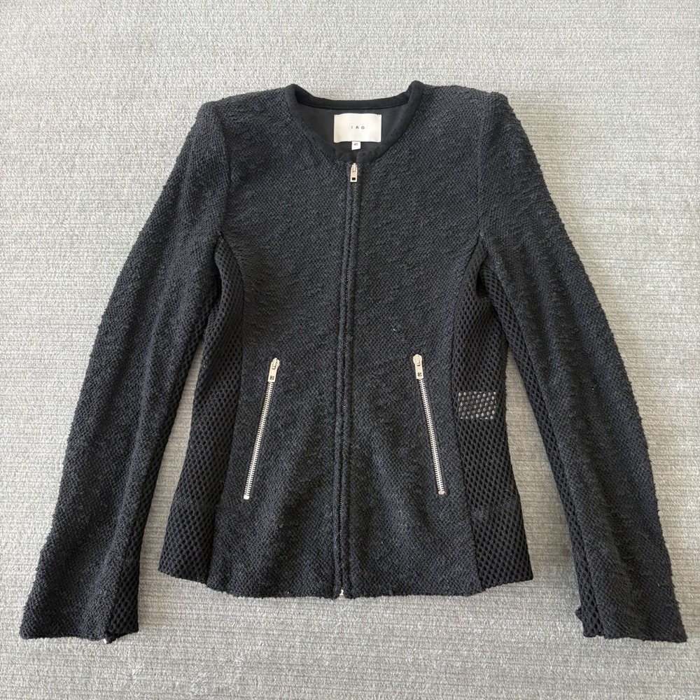 IRO Amiya Mesh Panel Black Boucle Tweed Knit Jacket Size 40 US 6-8 Office Fitted